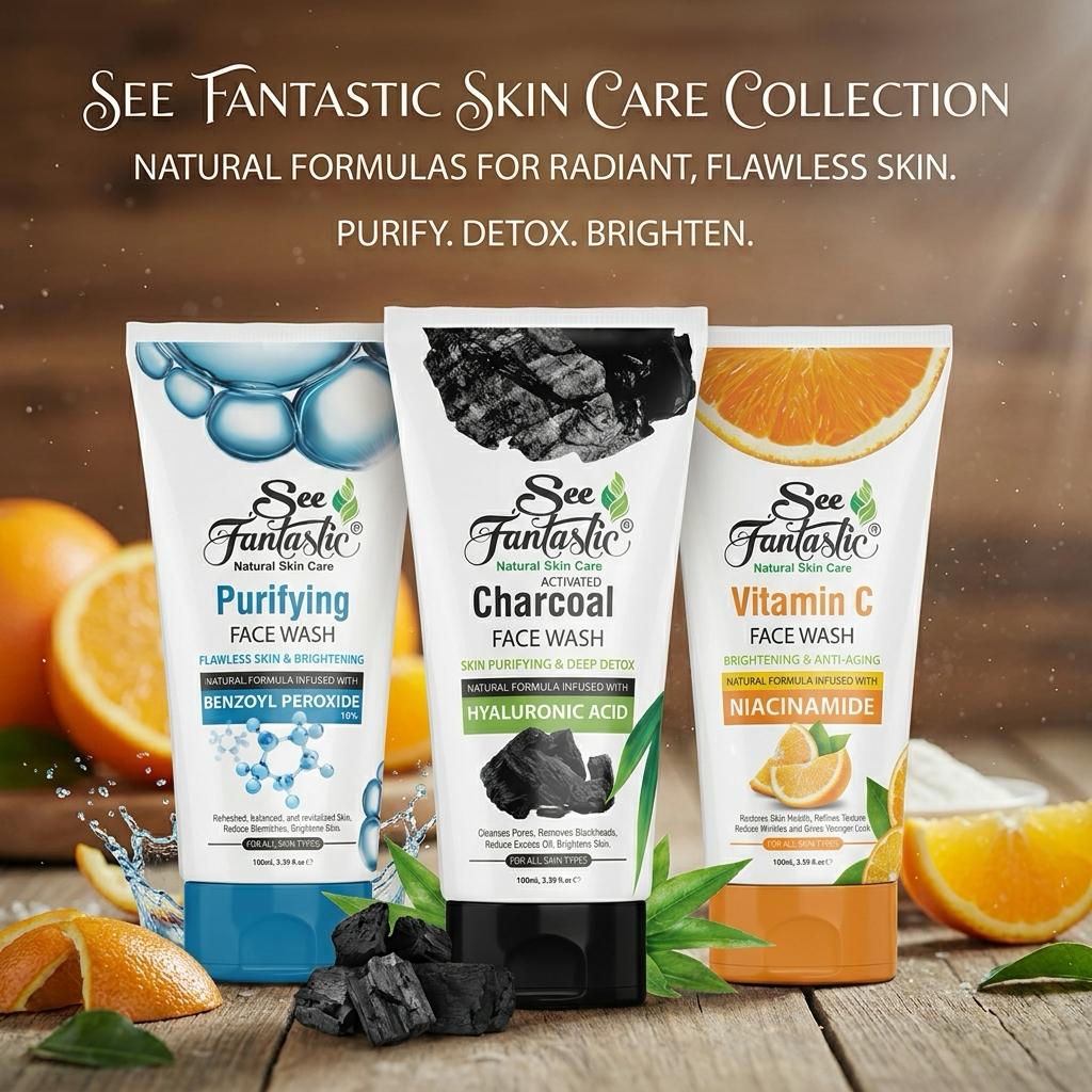 Two See Fantastic face wash tubes stand upright, surrounded by charcoal, mint, and orange slices. The "Pick Any 2 Face Washes" bundle offers detox, brightening, and anti-acne care—save PKR 200 at SeeFantastic Pakistan.