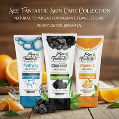 Two See Fantastic face wash tubes stand upright, surrounded by charcoal, mint, and orange slices. The "Pick Any 2 Face Washes" bundle offers detox, brightening, and anti-acne care—save PKR 200 at SeeFantastic Pakistan.