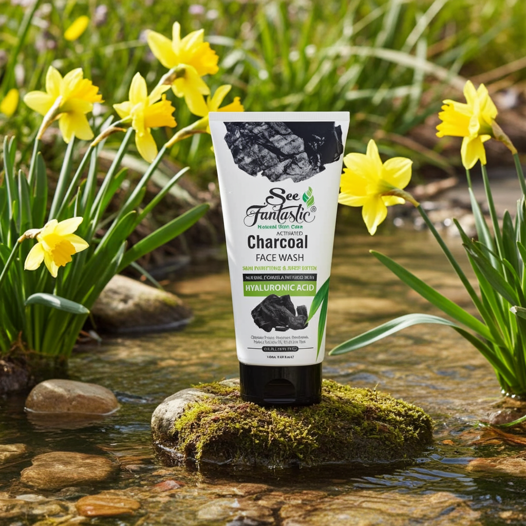 A tube of See Fantastic Activated Charcoal Face Wash 100ml stands on a mossy rock in a stream, framed by daffodils and grass—a natural scene for deep pore cleansing, oil control, and detox for oily, acne-prone skin.